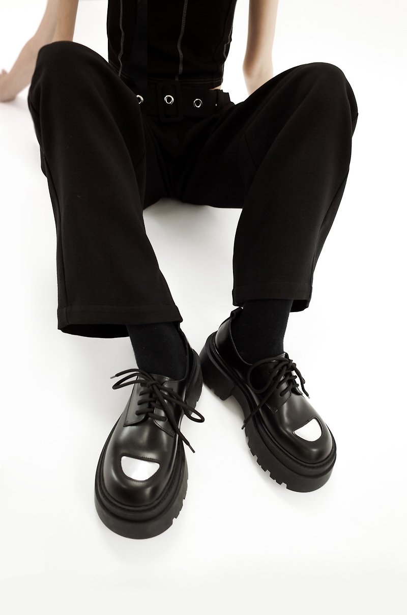 Black open-edge beaded calfskin surface temperature thick-soled derby shoes for girls - รองเท้าอ็อกฟอร์ดผู้หญิง - หนังแท้ สีดำ