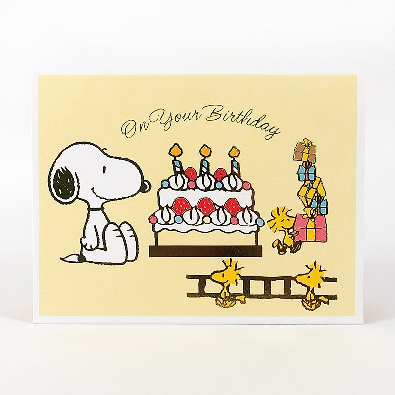 Snoopy 扛 ladder ready to light candles [Hallmark stereo card birthday blessing] - การ์ด/โปสการ์ด - กระดาษ สีเหลือง