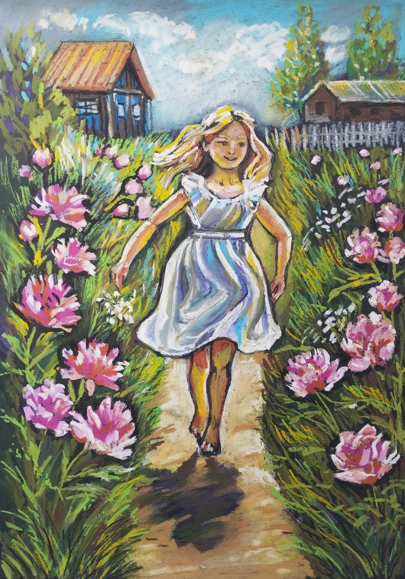 Girl with summer peonies, children's painting nature pastel drawing flowers - Wall Décor - Paper Green