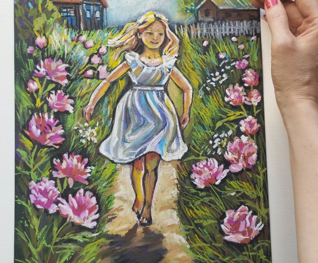 夏の牡丹を持つ少女、子供の絵画自然パステル画の花 - ショップ