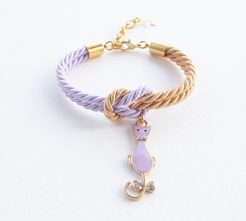 Lilac and gold knot rope bracelet with purple kitten charm - สร้อยข้อมือ - วัสดุอื่นๆ สีม่วง