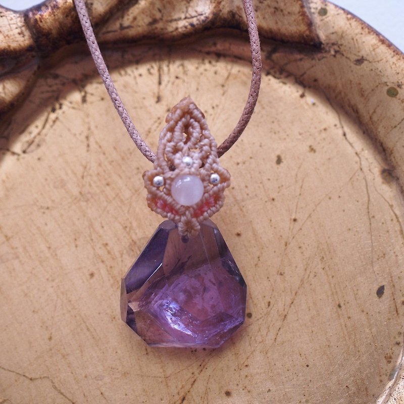天然紫水晶隨形切面 粉晶 純銀巴西蠟線編織 Amethyst Necklace - 項鍊 - 水晶 紫色