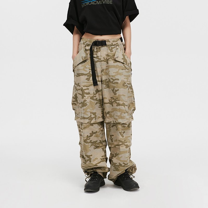 MOKACME 2023SS 定印復古軍事可拆卸長短褲迷彩束繩傘兵褲男女 - 男長褲/休閒褲 - 聚酯纖維 綠色