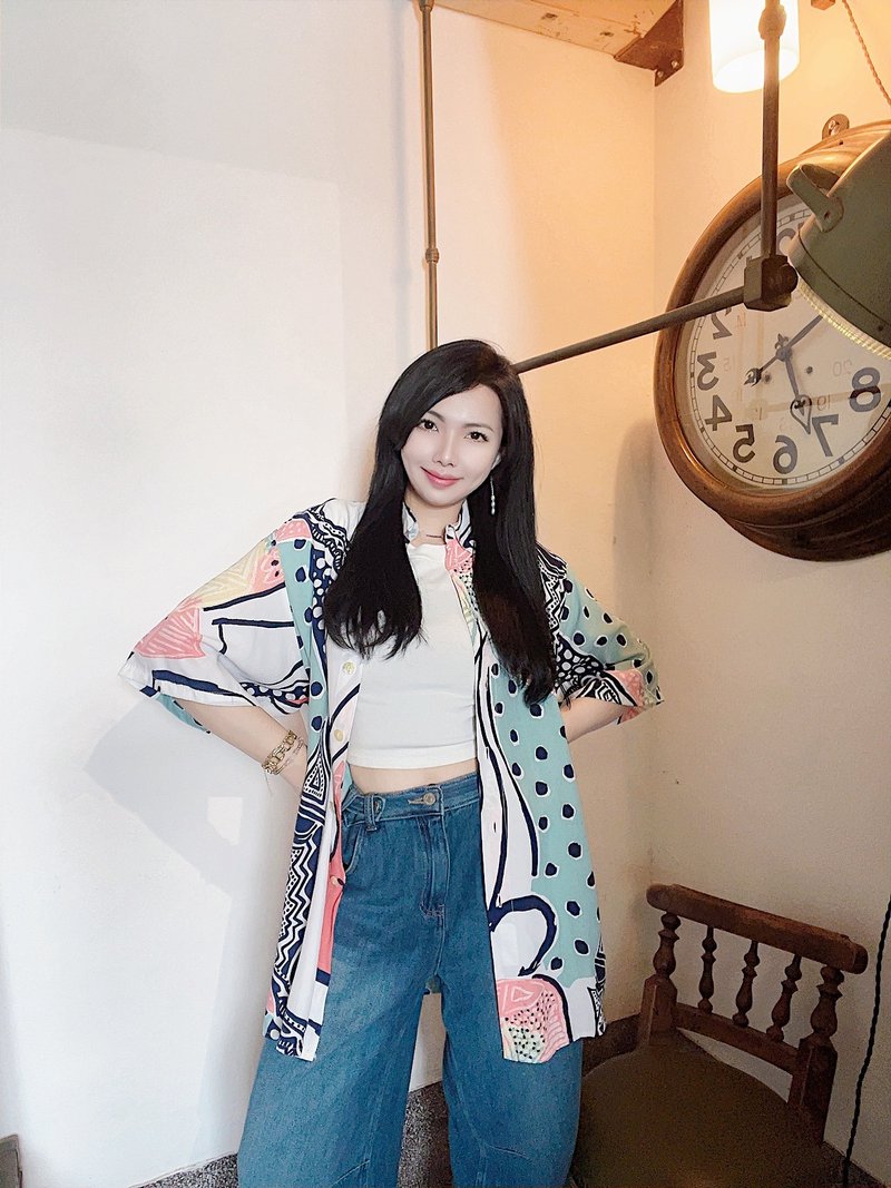 Geometric Color Block Hawaiian Shirt Vintage Aloha Shirt ハワイアンシャツ - เสื้อเชิ้ตผู้หญิง - ผ้าไหม หลากหลายสี