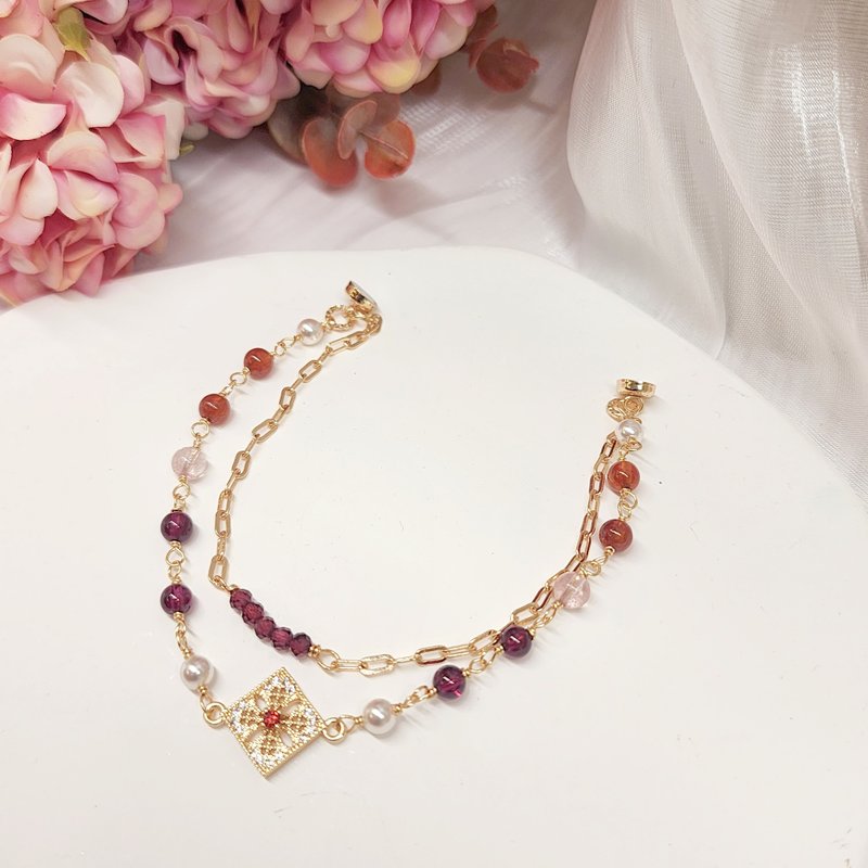 絳星之約  紅石榴石 橙石榴石 草莓晶 雙鏈手鏈 - 手鍊/手環 - 水晶 紅色