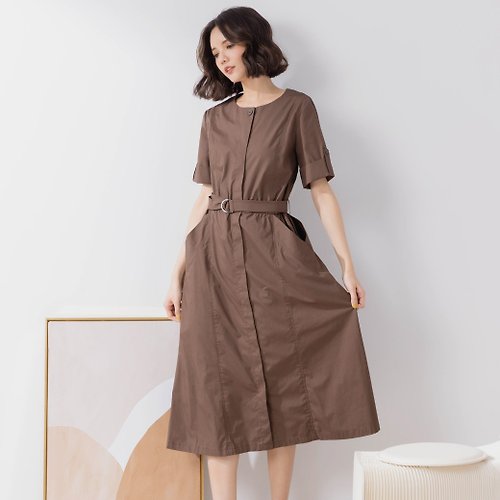 MEDUSA LADY 【MEDUSA】造型V型口袋純棉腰帶洋裝 - 棕色 (M-XL) | 女裝 純棉