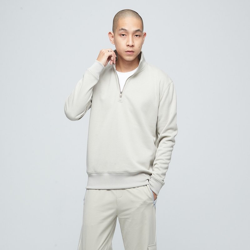 Antibacterial Stand Collar Zip Open Long Sleeve Top (Unisex) - Grey Willow - เสื้อยืดผู้ชาย - เส้นใยสังเคราะห์ สีเทา