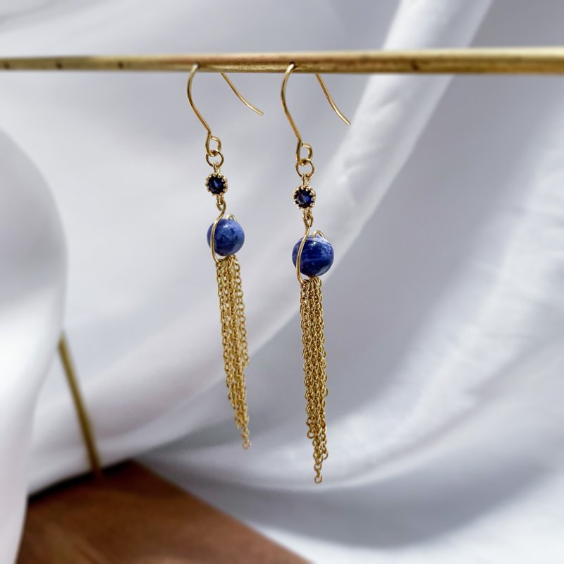 Handmade blue Stone and deep sea blue Stone long tassel stainless steel long earrings - Ezili Earrings - ต่างหู - คริสตัล สีน้ำเงิน