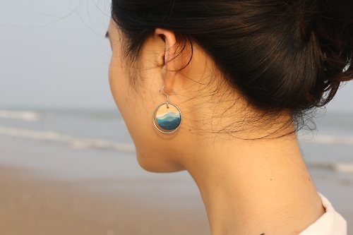 肆仨手作 藍色海洋圓形陶瓷耳環耳夾純銀