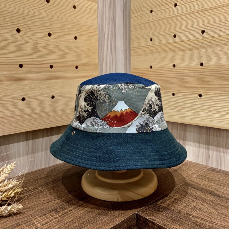 漁夫帽 手工帽 遮陽帽 浮世繪 小牛村 現貨【日浪富士山】 - 帽 - 棉．麻 灰色