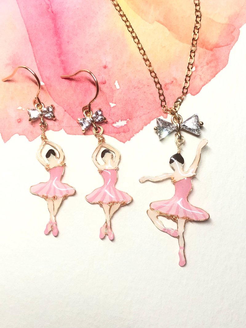 14kgf Graceful Ballerina Necklace and Earring Set/Pink - Necklaces - Other Metals Pink