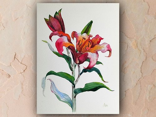 AlbinaBeadArt Red lily painting original watercolor art floral artwork flower 7.5 by 10,5