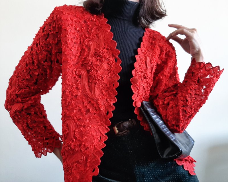 復古紅色蕾絲刺繡西裝外套 手工刺繡緞帶花卉 - 女裝外套/大衣 - 聚酯纖維 紅色