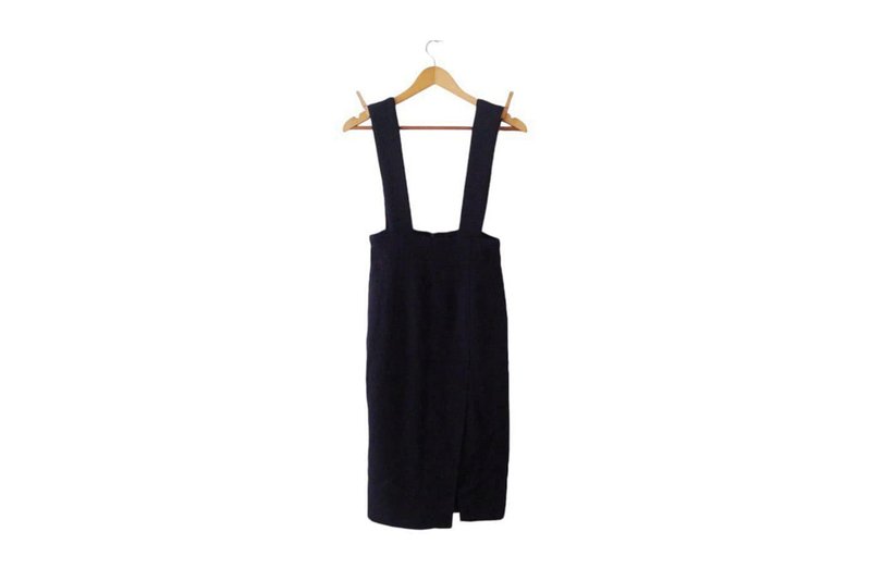 Black High Waist midi overall dress front slit,body con pinafore knee dress - Overalls & Jumpsuits - Polyester Black