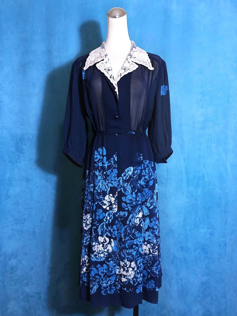 蕾絲領印染輕古董洋裝/ 國外帶回 VINTAGE - 連身裙 - 聚酯纖維 藍色