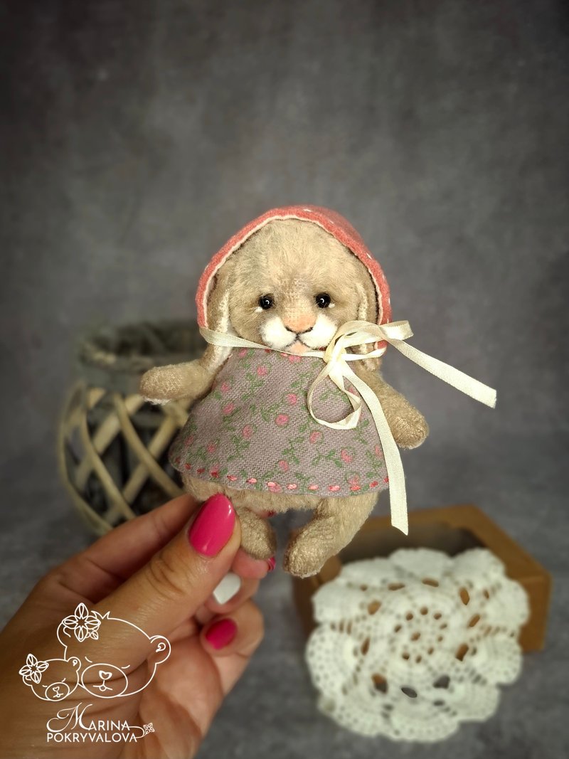 Miniature bunny teddy. Handmade toy gift. Birthday gift. - ตุ๊กตา - วัสดุอื่นๆ สีเทา