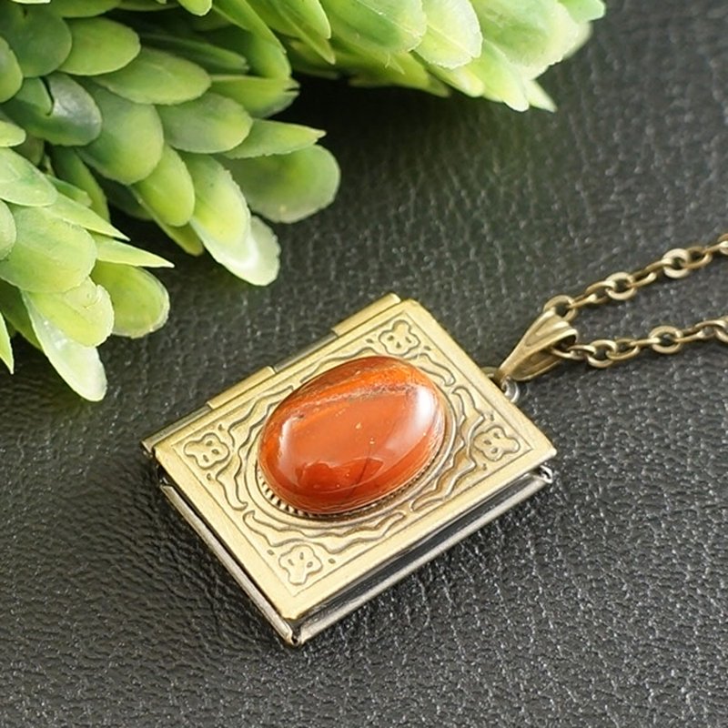 Red Jasper Brass Book Rectangle Photo Locket Keepsake Pendant Jewelry Necklace - 項鍊 - 半寶石 紅色