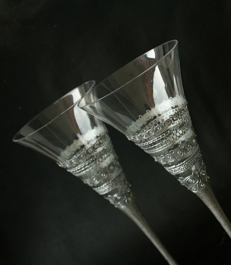 Wedding Silver Glasses Royal design Hand-painted set of 2 - Bar Glasses & Drinkware - Glass Silver