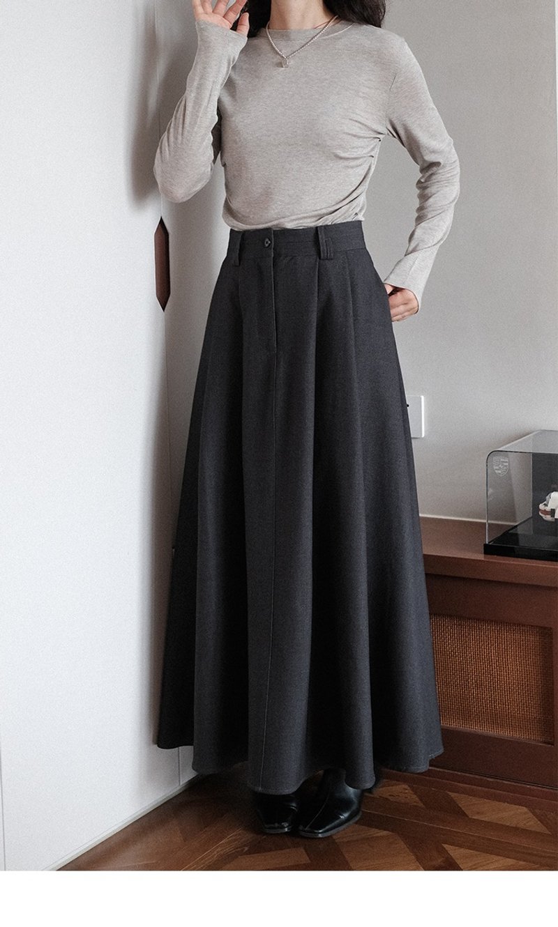 French autumn and winter dark grey mid-length skirt - กระโปรง - เส้นใยสังเคราะห์ 