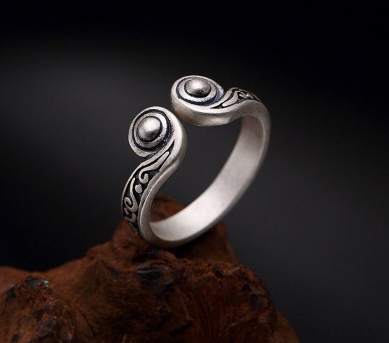Real 990 Silver Fine Jewelry Handmade Engraved Vintage Patterns Opening Rings - 戒指 - 銀 銀色