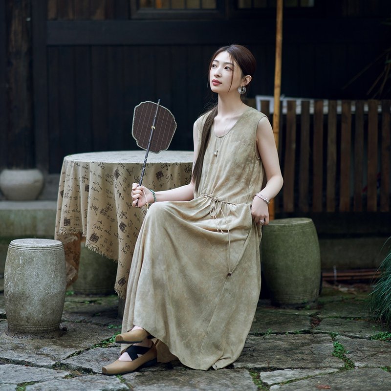 New Chinese Style Waist-Cinching Vest Dress | Dress | Two Colors | Spring/Summer Collection | Sora-1483 - ชุดเดรส - ผ้าฝ้าย/ผ้าลินิน หลากหลายสี