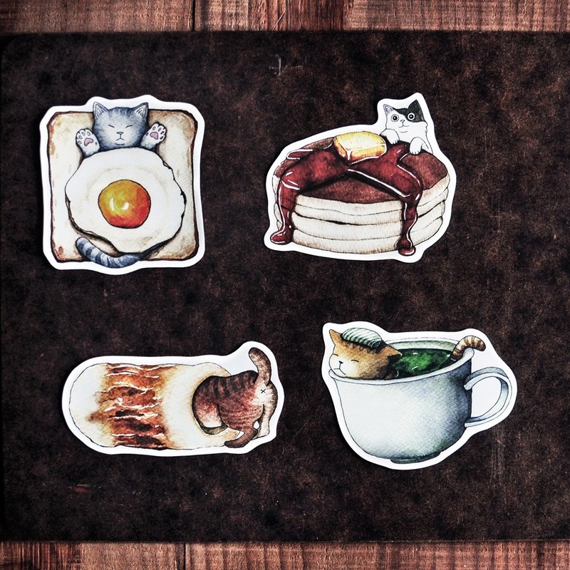 貓咪好食防水貼紙/吐司蛋/楓糖鬆餅/竹輪(貓屁股)/抹茶-Sticker - 貼紙 - 紙 多色