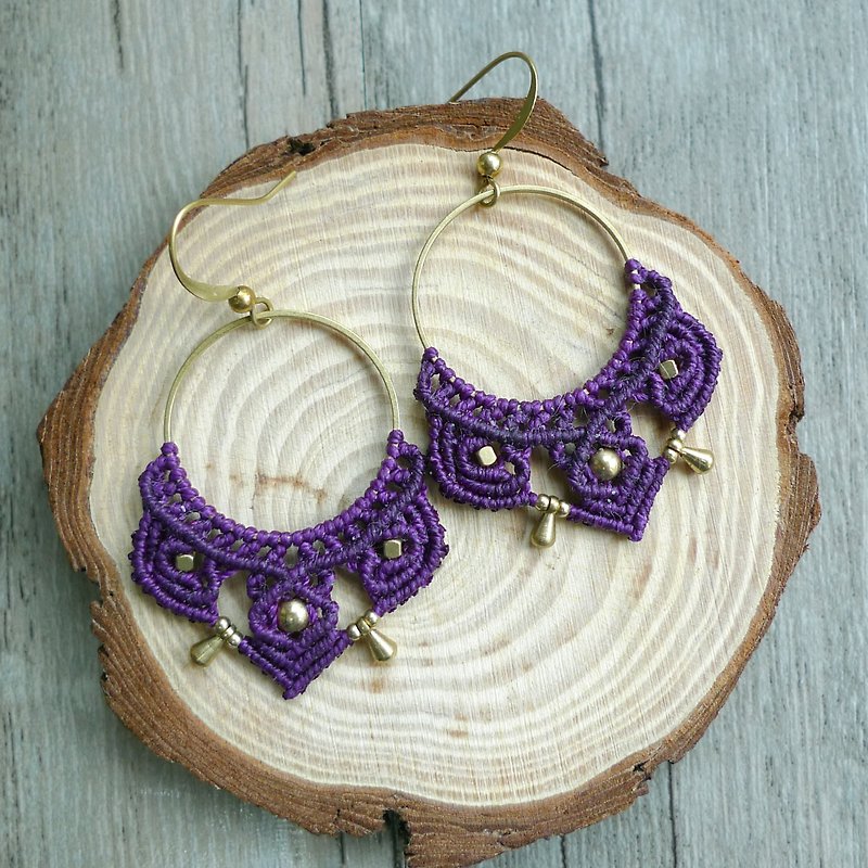 A44-波希米亞風 民族風南美蠟線編織黃銅耳環 (可轉耳夾) - 耳環/耳夾 - 其他材質 紫色