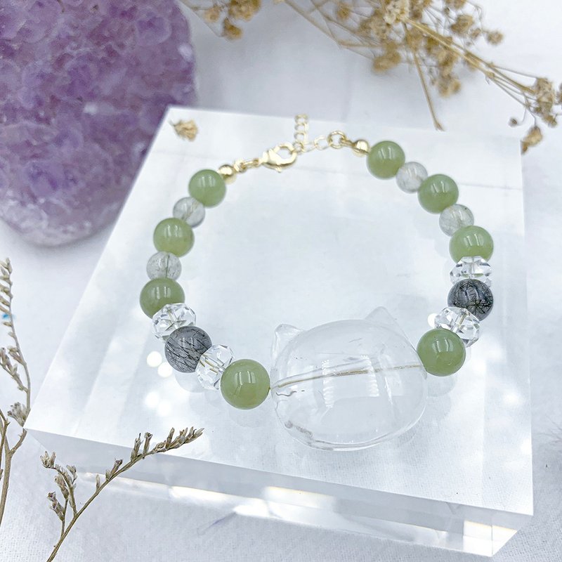 Nafu Big Cat/White Crystal Hetian Jade Black Bronze Titanium Green Hair Crystal Bracelet - สร้อยข้อมือ - วัสดุอื่นๆ สีเขียว