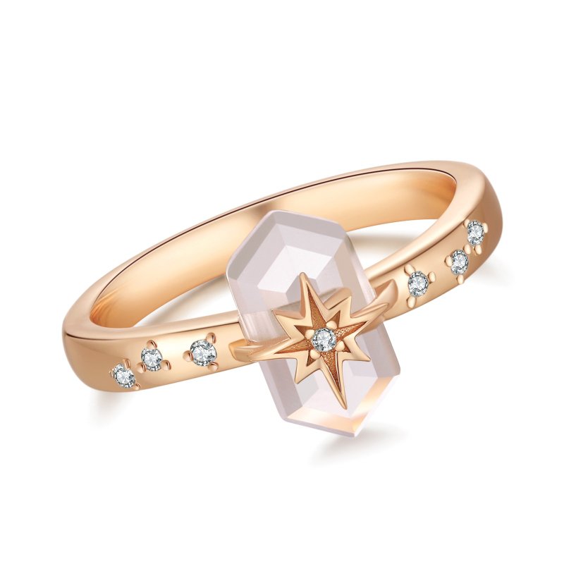 Rose Quartz Gold/Silver Star Ring - Magic Stone - แหวนทั่วไป - เงินแท้ สีทอง