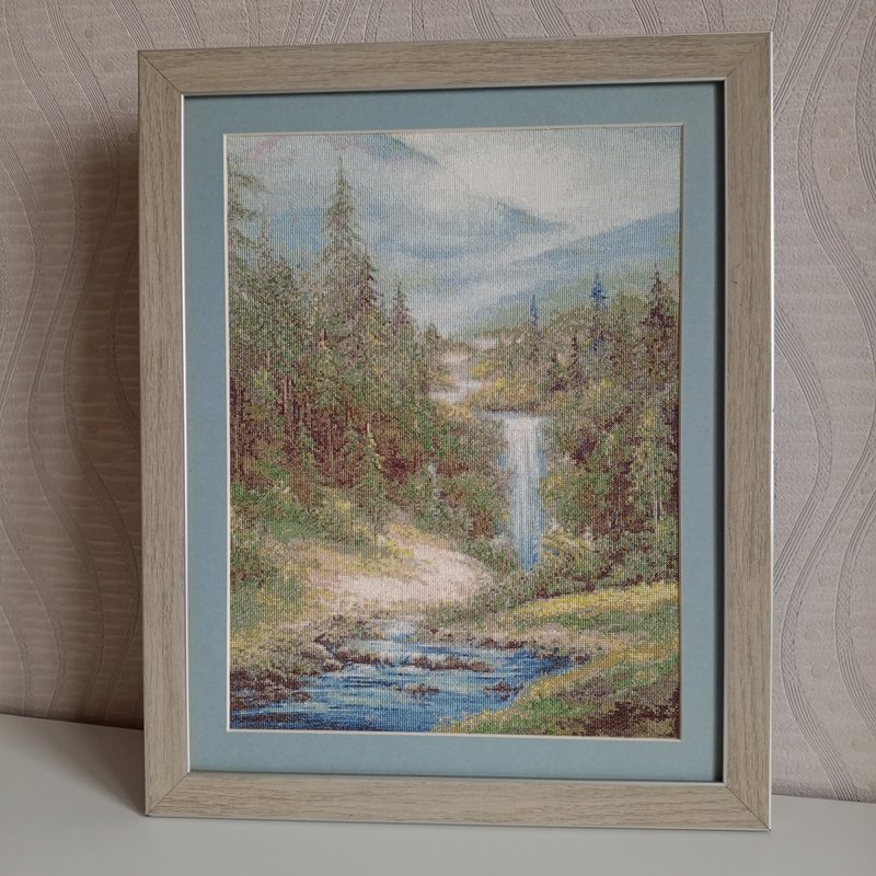 Handmade Waterfall Thread Painting Canvas Wall Art Picture for Living Room Decor - 海報/掛畫/掛布 - 棉．麻 綠色