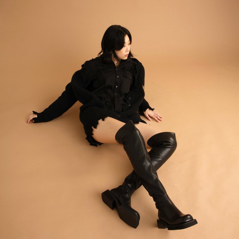 two way knee-high boots -black - รองเท้าบูทยาวผู้หญิง - หนังแท้ สีดำ