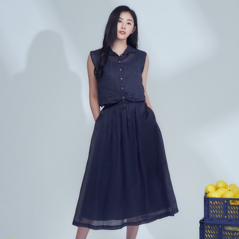 【MEDUSA】Fake Two-piece Elastic Waist Linen Dress - ชุดเดรส - ลินิน สีน้ำเงิน