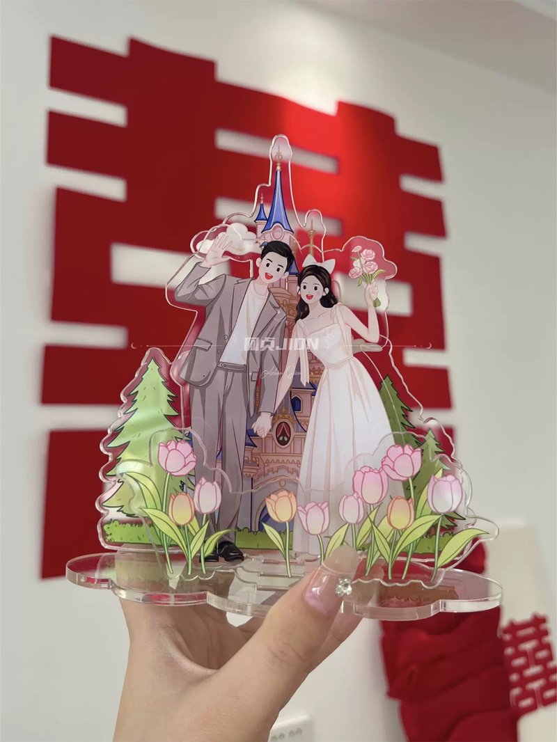 Original authentic acrylic wedding hand-painted stand custom cartoon anime star wedding dress wedding figure ornaments - Items for Display - Glass Pink