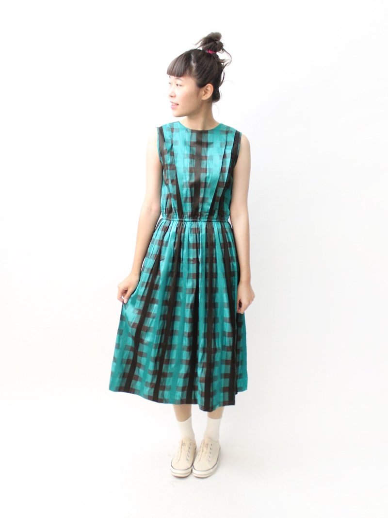 [RE0322D1058] Nippon black and green checkered plaid sleeveless vintage dress Spring - One Piece Dresses - Polyester Green