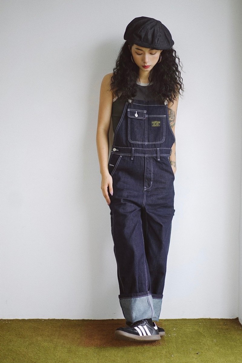 Coolstore | American Vintage Denim Strap Pants Striped Wash Workwear_ Dark denim - จัมพ์สูท - วัสดุอื่นๆ สีน้ำเงิน