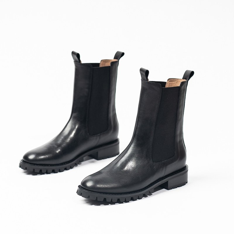 Lewis Walt European and American commuter versatile genuine leather low-heeled round-toe women's motorcycle boots Martin strapless handmade short boots - รองเท้าบูทสั้นผู้หญิง - หนังแท้ สีดำ