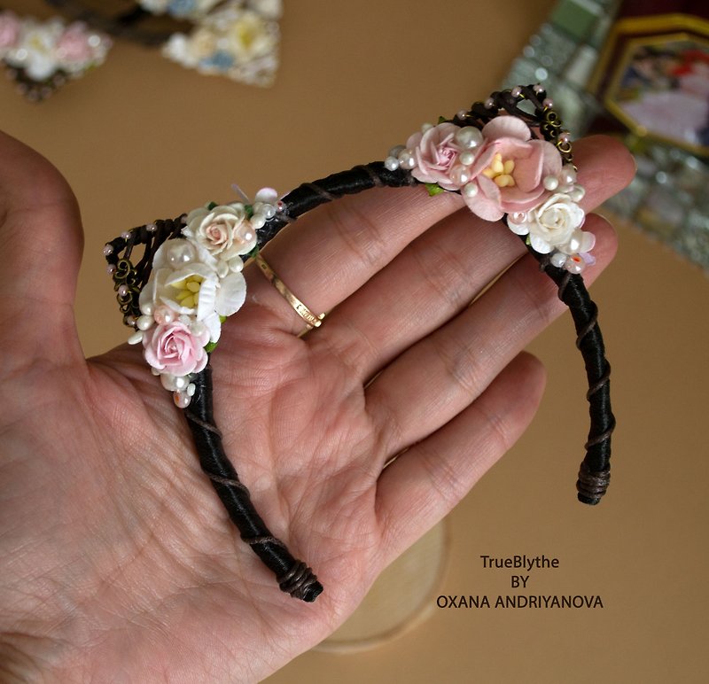 Flower Cat ears Sakura for Blythe doll in Pink/white.Headband,headdress,clothes - ตุ๊กตา - วัสดุอื่นๆ สึชมพู