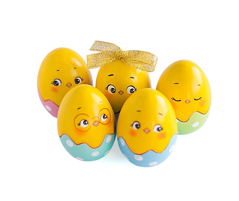 Easter handpainted wooden egg cute hatched chick 1st gift Egg hunt Basket filler - 玩偶/公仔 - 木頭 多色