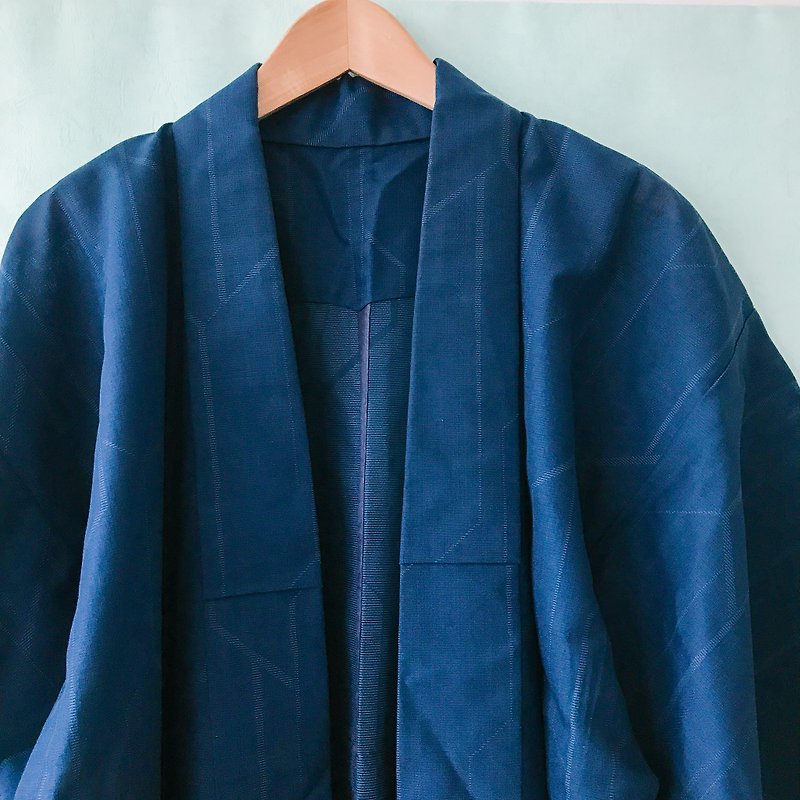 ... {Acorn girl :: ancient kimono} dark blue hexagonal hooded men's bathrobe - เสื้อโค้ทผู้ชาย - ผ้าฝ้าย/ผ้าลินิน สีน้ำเงิน