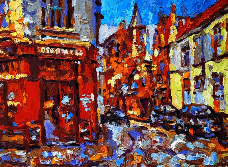 Cityscape  Painting  Original Art European Streets Impasto Oil Painting - 壁貼/牆壁裝飾 - 其他材質 橘色