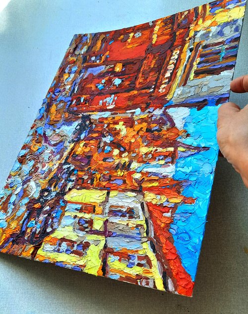 ヨーロッパ　油絵　街並み カラフルな絵画の近代的な芸術のアートワーク、実際のブラシ