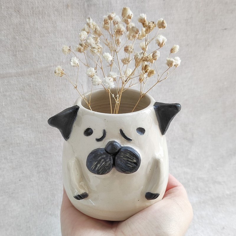 Handmade Ceramic Small Flower Vase, Cute Animal Home Decor - Pug Dog - เซรามิก - ดินเผา ขาว