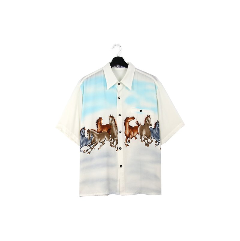 バックにグリーン::白い馬/ /男性と女性は/ヴィンテージシャツを着ることができます - シャツ メンズ - その他の化学繊維 