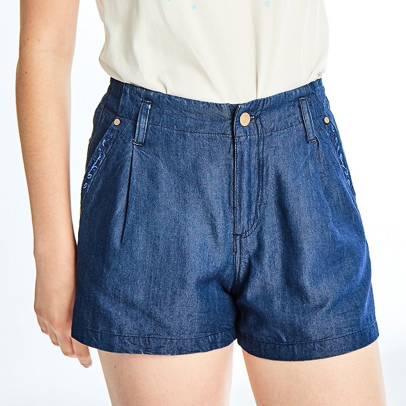 Tencel cotton embroidered shorts | Blue - Women's Shorts - Cotton & Hemp Blue