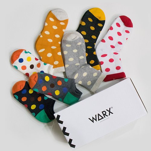 WARX機能除臭襪 【WARX抑菌除臭襪】繽紛俏皮點點 中筒襪+船型襪 (7色點點套組)