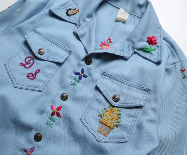 70s USA古着 シャツジャケット 花柄 刺繍 カバーオール vintage 1970年代アメリカのハンドメイドの花柄刺繍シャツ - ショップ