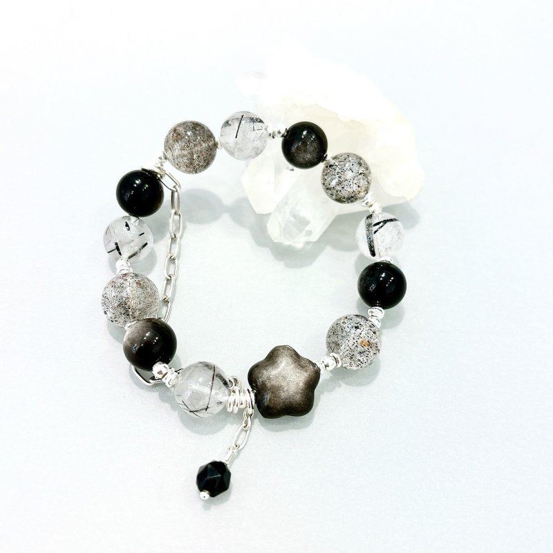 Ops black silver bracelet -黑髪晶/黑草莓晶/銀曜石/純銀/招財 - 手鍊/手環 - 其他金屬 黑色