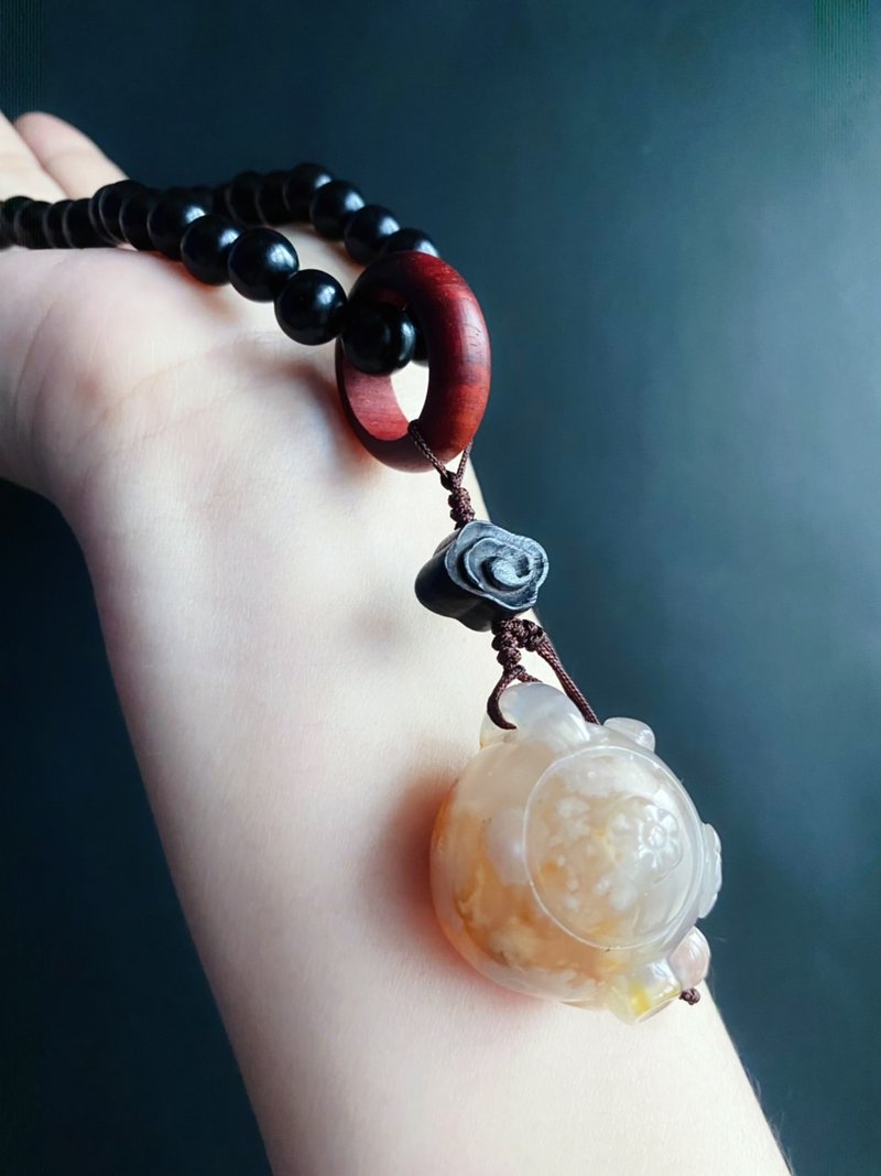 【售出】櫻花瑪瑙 把把壺 手持 黑檀木 祥雲 天然石 禮物 設計款 - 手鍊/手環 - 水晶 咖啡色