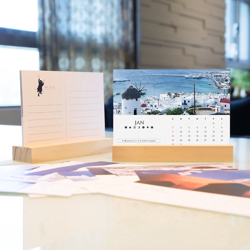 2024 卓上カレンダー 月間カレンダー 年間カレンダー サントリーニ島 ギリシャ A6 厚手のポンド紙 書き込み可能 木製ベース付き - カレンダー - 紙 ホワイト