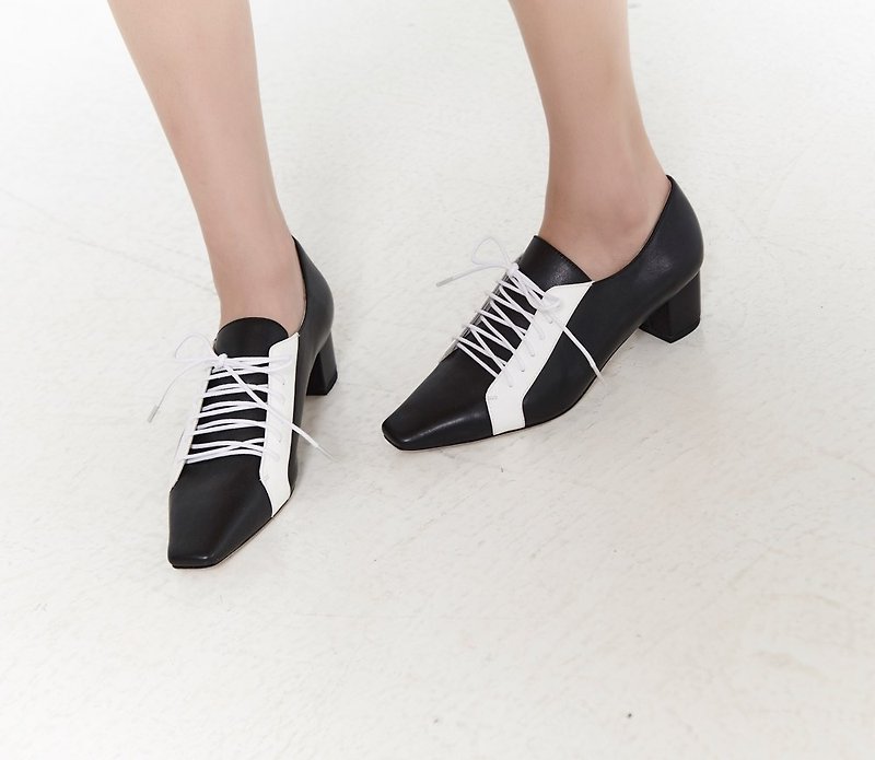Jumping Color Square Toe Oxford Leather Heel Shoes Black - รองเท้าอ็อกฟอร์ดผู้หญิง - หนังแท้ สีดำ